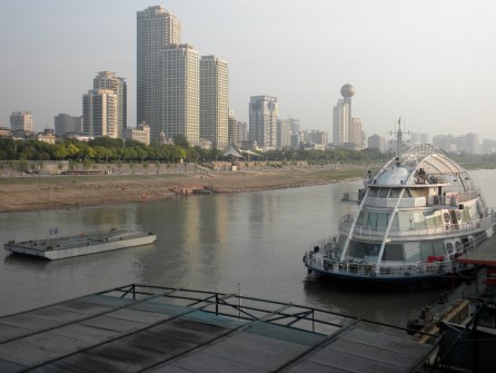 Wuhan, with an unusual boat in the foreground