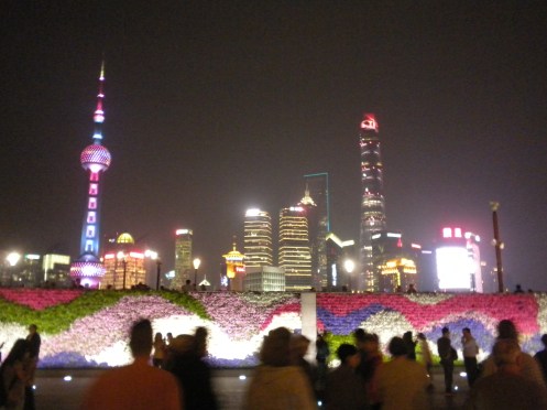 Shanghai skyscrapers at night, seen from the Bund