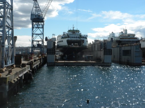 A ferry under construction on the Seattle docks. The superstructure was built on Whidbey.
