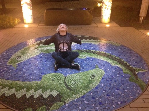 Annika cavorting in the Garden of Surging Waves, in Astoria