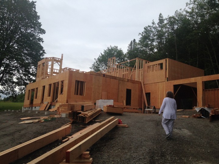 View from the driveway. Second-floor farming on the left is the dining room. Top the right are Robin's sewing room and the storage room above the garage.