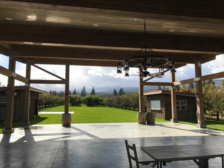 The Mountain View Orchards wedding venue. Behind that bank of clouds is a close-up view of Mount Hood.