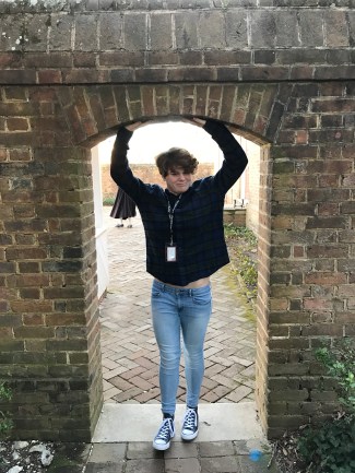 Sophia holding up an arch at the governor's palace.